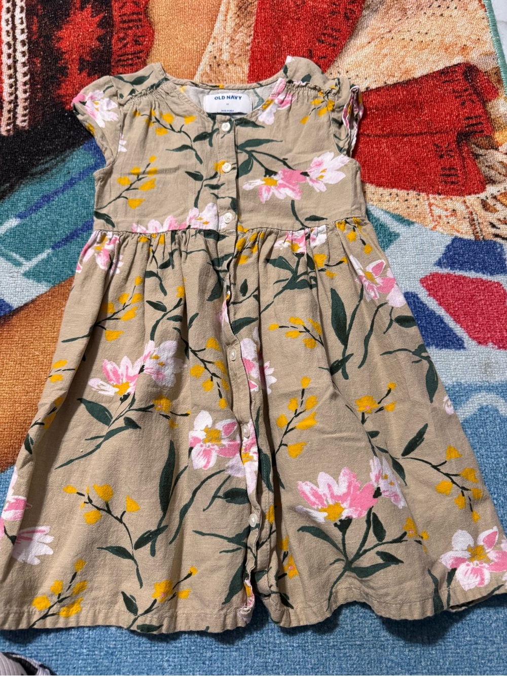 Old Navy Tan Dress with Pink & Yellow Floral Print
